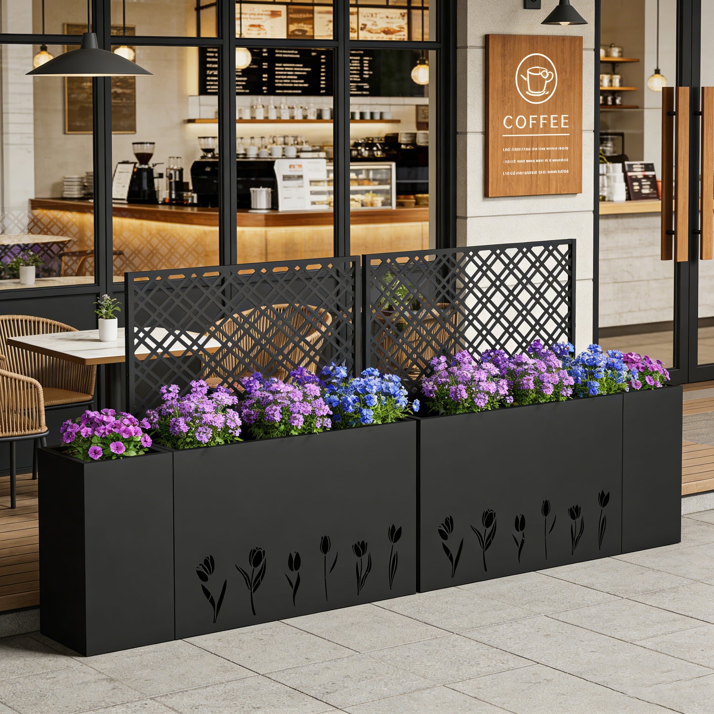 2-Piece Metal Planter Box with Trellis - 23.6in Depth Raised Garden Bed for Outdoor Indoor Use, Rust-Resistant Galvanized Steel Flower Planter with Drainage Holes, Tulip Black image 2