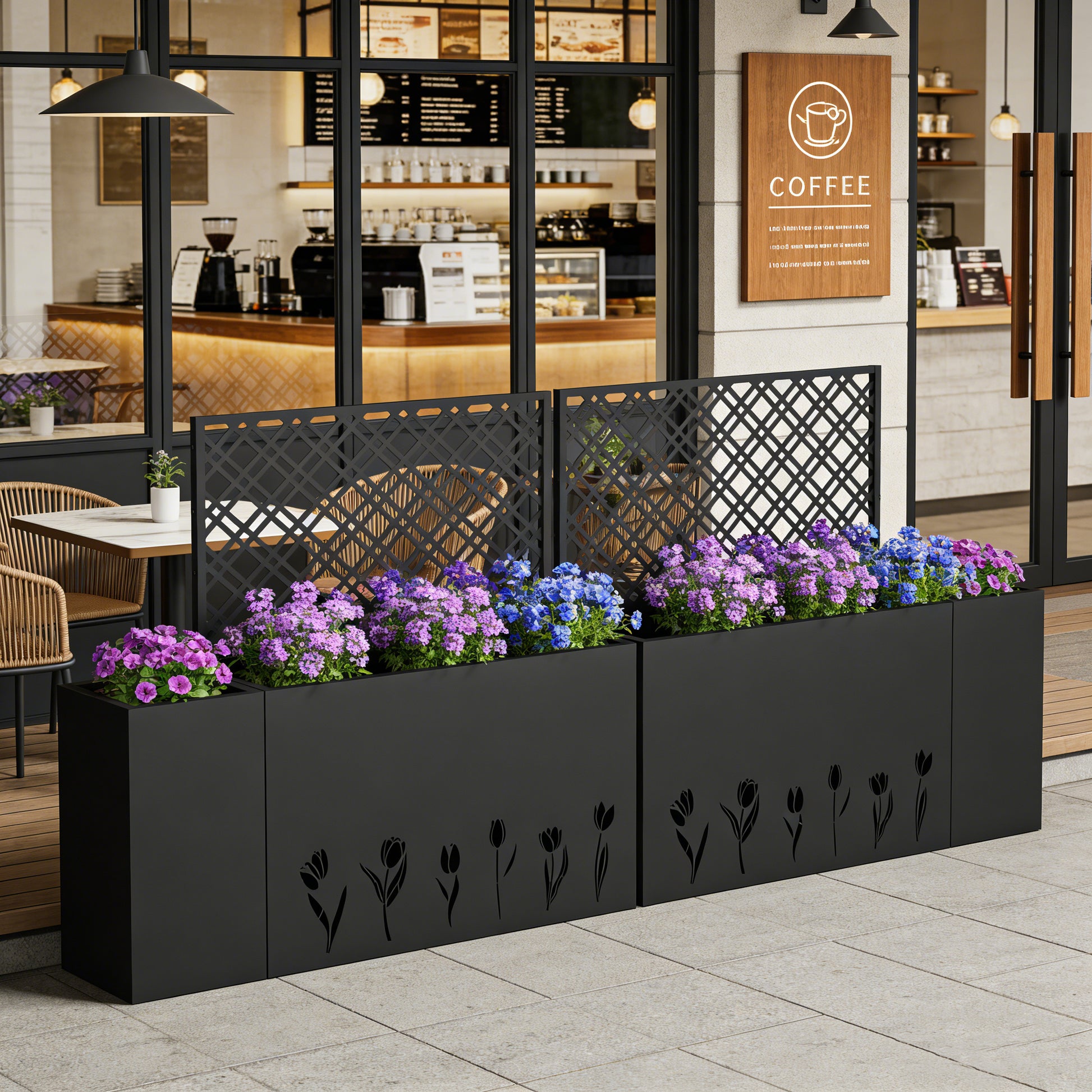 2-Piece Metal Planter Box with Trellis - 23.6in Depth Raised Garden Bed for Outdoor Indoor Use, Rust-Resistant Galvanized Steel Flower Planter with Drainage Holes, Tulip Black image 2