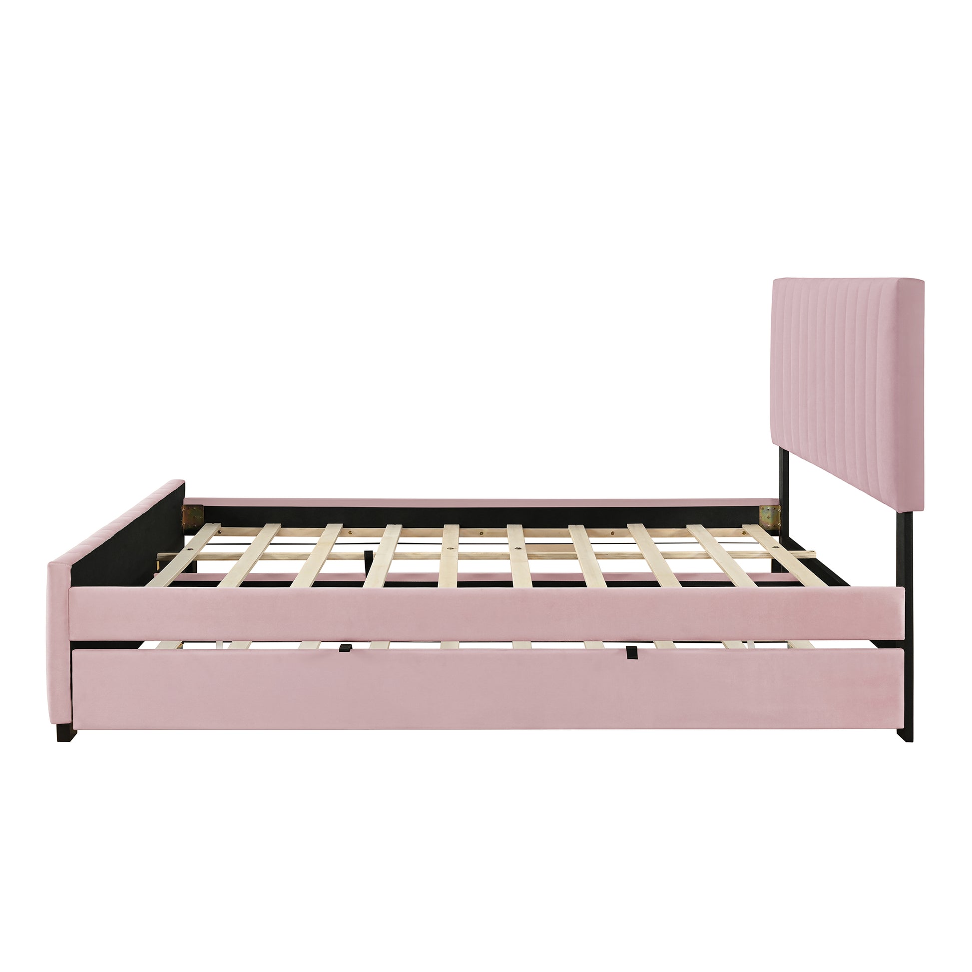 Queen Size Velvet Upholstered Platform Bed with Twin XL Size Trundle, Pink image 8