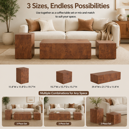 Premium Burl Walnut Veneer MDF Cube Table, Height Adjustable Multi-purpose Coffee Side End Table for Living Room, 15.7"×15.7"×15.7", No Extra Items Included image 5