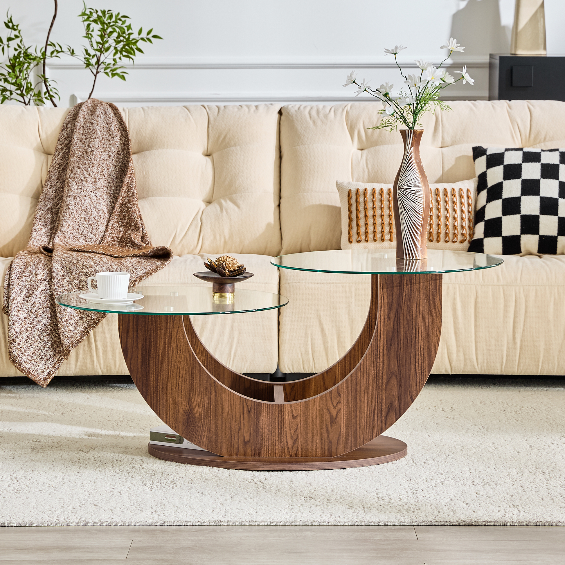 Creative U-Shaped Double-Tier Glass Coffee Table with Walnut MDF Base - front view showing two glass tiers and U-shaped base