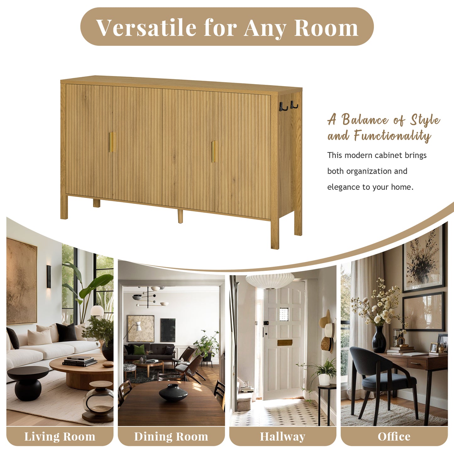 U_STYLE Modern 57.5" Stripe Door Storage Cabinet, 4-Door Sideboard with Back-of-Door Storage Racks & Side Hooks, Adjustable Shelves, MDF Cabinet with Aluminum Handles for Living Room, Dining Room image 7