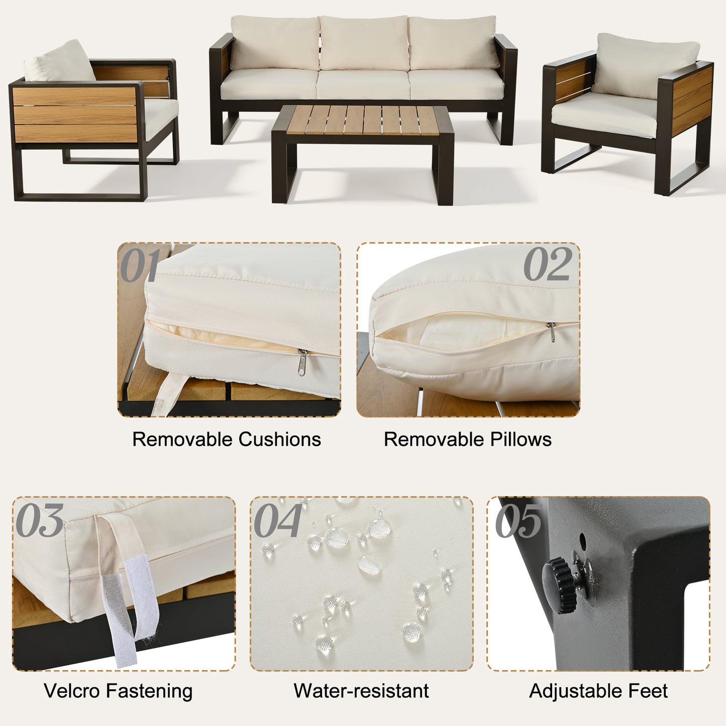 Aluminum Frame Large 4-Piece Outdoor Patio Furniture Set for 5 Person, 3-Seater Sofa, 2 Armchairs with Fold-Out Side Tables, Modern Garden/Patio Seating, All-Weather Use, Beige Cushions image 7