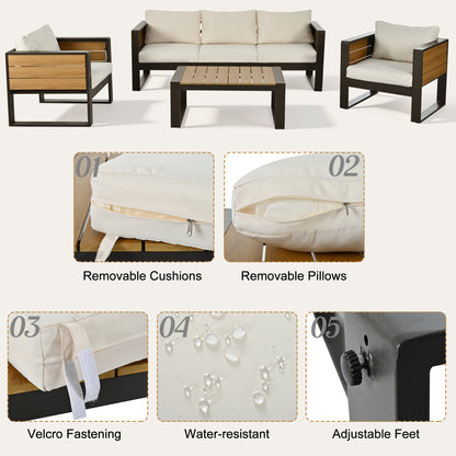 Aluminum Frame Large 4-Piece Outdoor Patio Furniture Set for 5 Person, 3-Seater Sofa, 2 Armchairs with Fold-Out Side Tables, Modern Garden/Patio Seating, All-Weather Use, Beige Cushions image 7