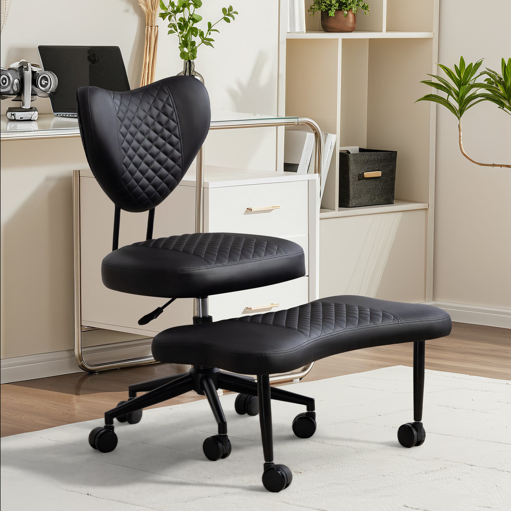 Meditation chair, an ergonomic cross-legged seating chair with lumbar support and a height-adjustable seat cushion, ideal for people engaged in high-intensity office work. Black image 1