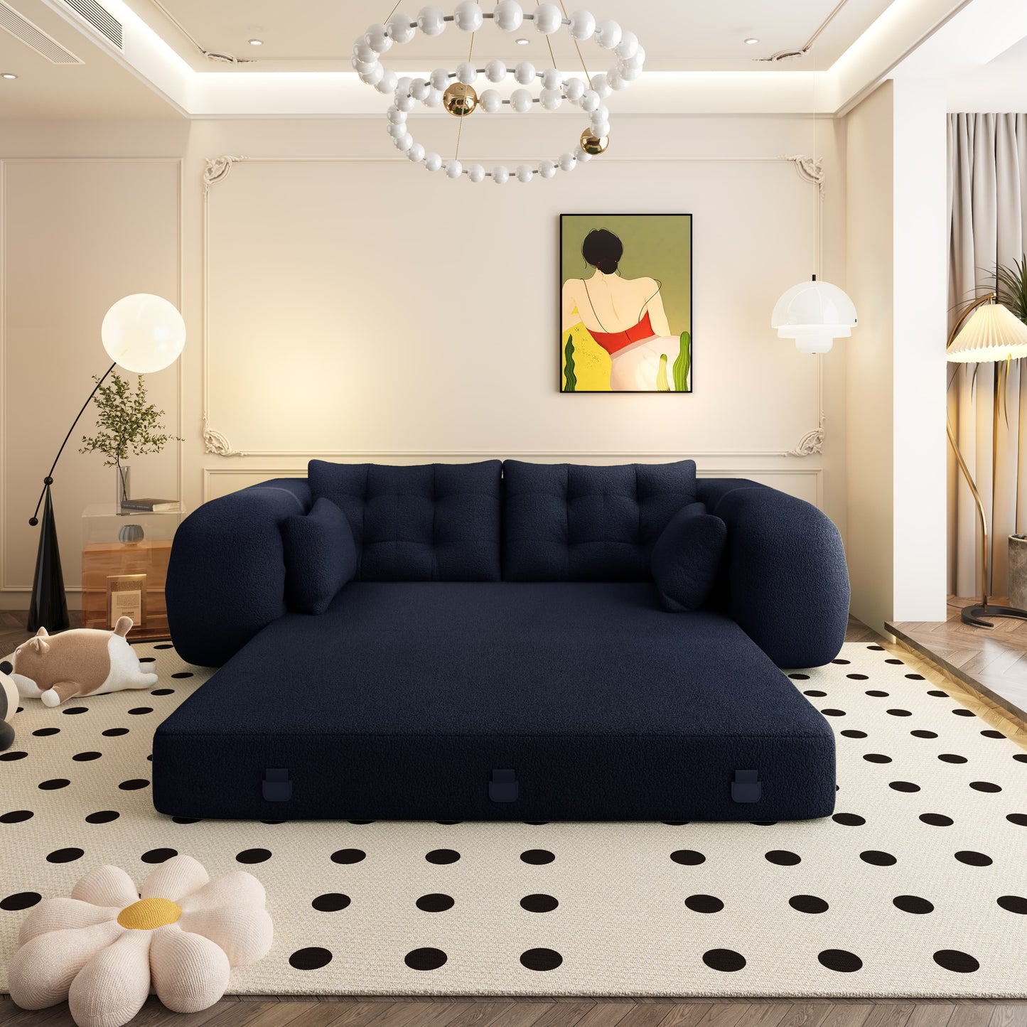 Human Dog Bed, Lazy Sofa Couch, 78.7" Multi-Functional Foldable Sofa Bed, 3-in-1 Sherpa Fleece Fabric Foam-Filled Sleeper Sofa Bed for Living Room,Guest Bed,Playroom,Dark blue image 7