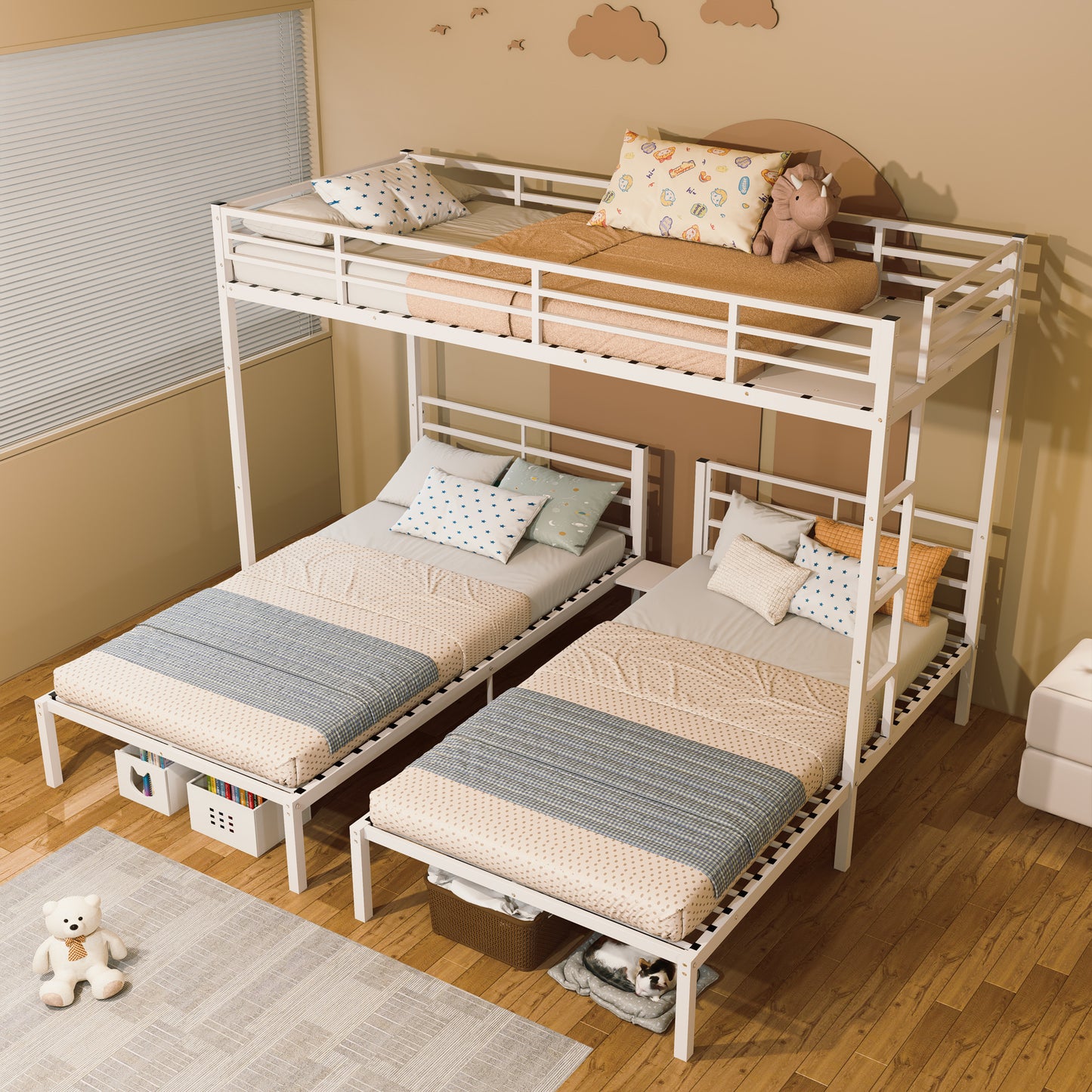 Triple Bunk Bed for Kids,3 Bed Bunk Beds for 3,Metal Triple Bunk Beds,Separates Into 3 Twin Beds,Noise Reduced Structure,White image 3