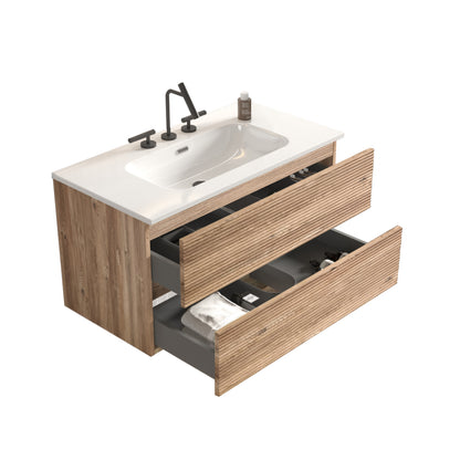Gloria 36" Wall Mounted Rough Oak&Rough Oak Bathroom Vanity with Integrated Ceramic Sink with Overflow, with 3 holes, Large Storage Floating Bathroom Vanity for Modern Bathroom, KD image 11