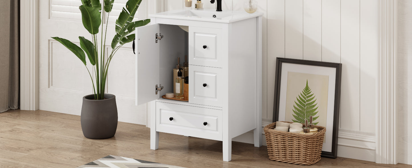 24 inch Bathroom Vanity with Sink, One Cabinet with Soft-closing Door, 3 Soft-closing Drawers, Retro Metal Handles, White image 2