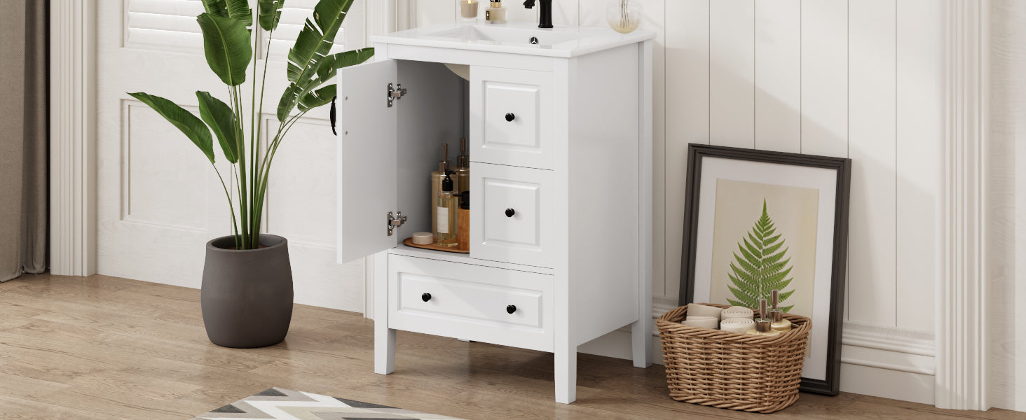 24 inch Bathroom Vanity with Sink, One Cabinet with Soft-closing Door, 3 Soft-closing Drawers, Retro Metal Handles, White image 2