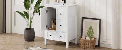 24 inch Bathroom Vanity with Sink, One Cabinet with Soft-closing Door, 3 Soft-closing Drawers, Retro Metal Handles, White image 2