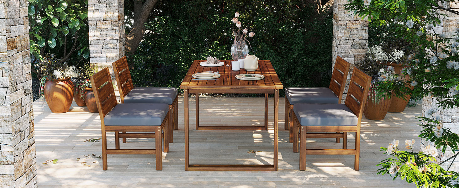 U_STYLE Farmhouse 5-Piece Outdoor Patio Dining Set with Adjustable Legs,Acacia Wood Dinning Set for 4,Suitable for Backyard, Garden, or Deck image 5