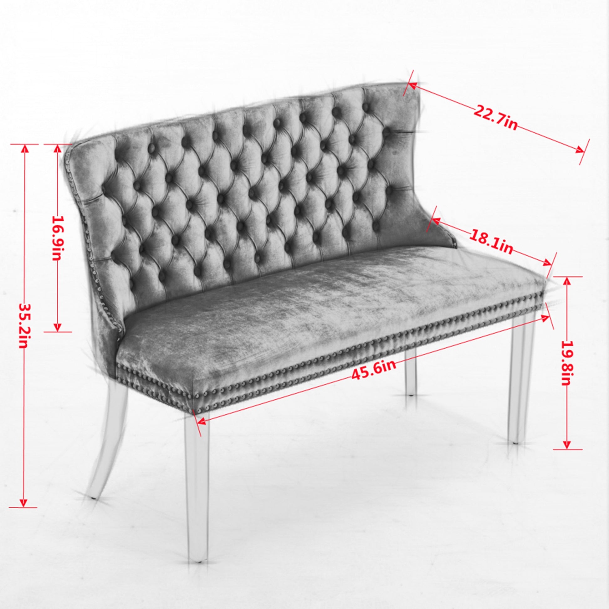 Velvet Double Dining Loveseat Bench, Kitchen & Dining Seating, 2-Seat Tufted Bench w/Handmade Buttons, Wing Back, Brushed Silver Stainless Steel Legs, Mid Century Modern,Single Pack,Blue,SW1702BL image 8