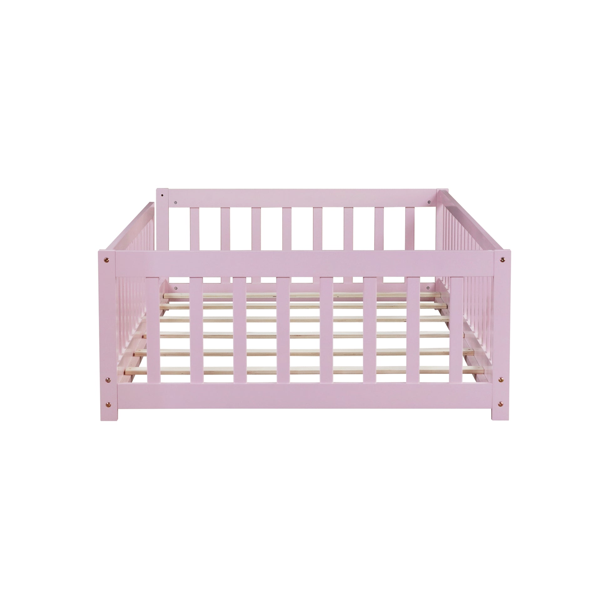 Twin Size Floor Bed with Fence without Door, Rubber Wood Floor Bed with Safety Guardrails,Pink (Old Sku W504P296798) image 2