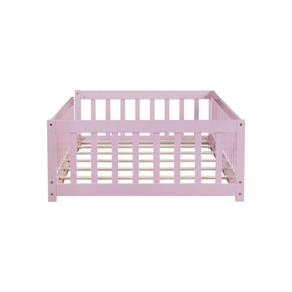 Twin Size Floor Bed with Fence without Door, Rubber Wood Floor Bed with Safety Guardrails,Pink (Old Sku W504P296798) image 2