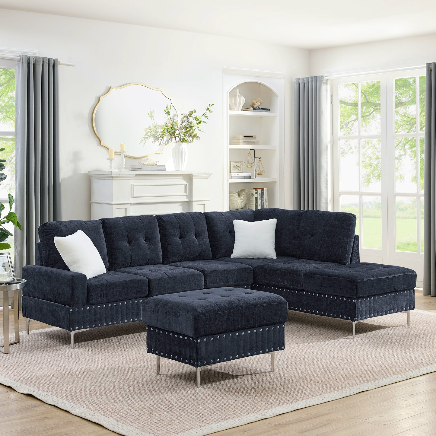 Sectional 3-Seaters Sofa with Chaise, Storage Ottoman, Metal Legs and Copper Nails,Two White Pillows,Navy Bule(102" x 76" x35") image 2