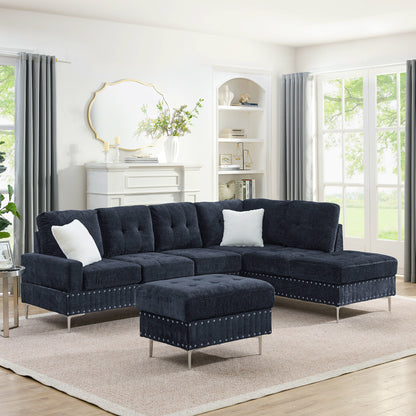 Sectional 3-Seaters Sofa with Chaise, Storage Ottoman, Metal Legs and Copper Nails,Two White Pillows,Navy Bule(102" x 76" x35") image 2