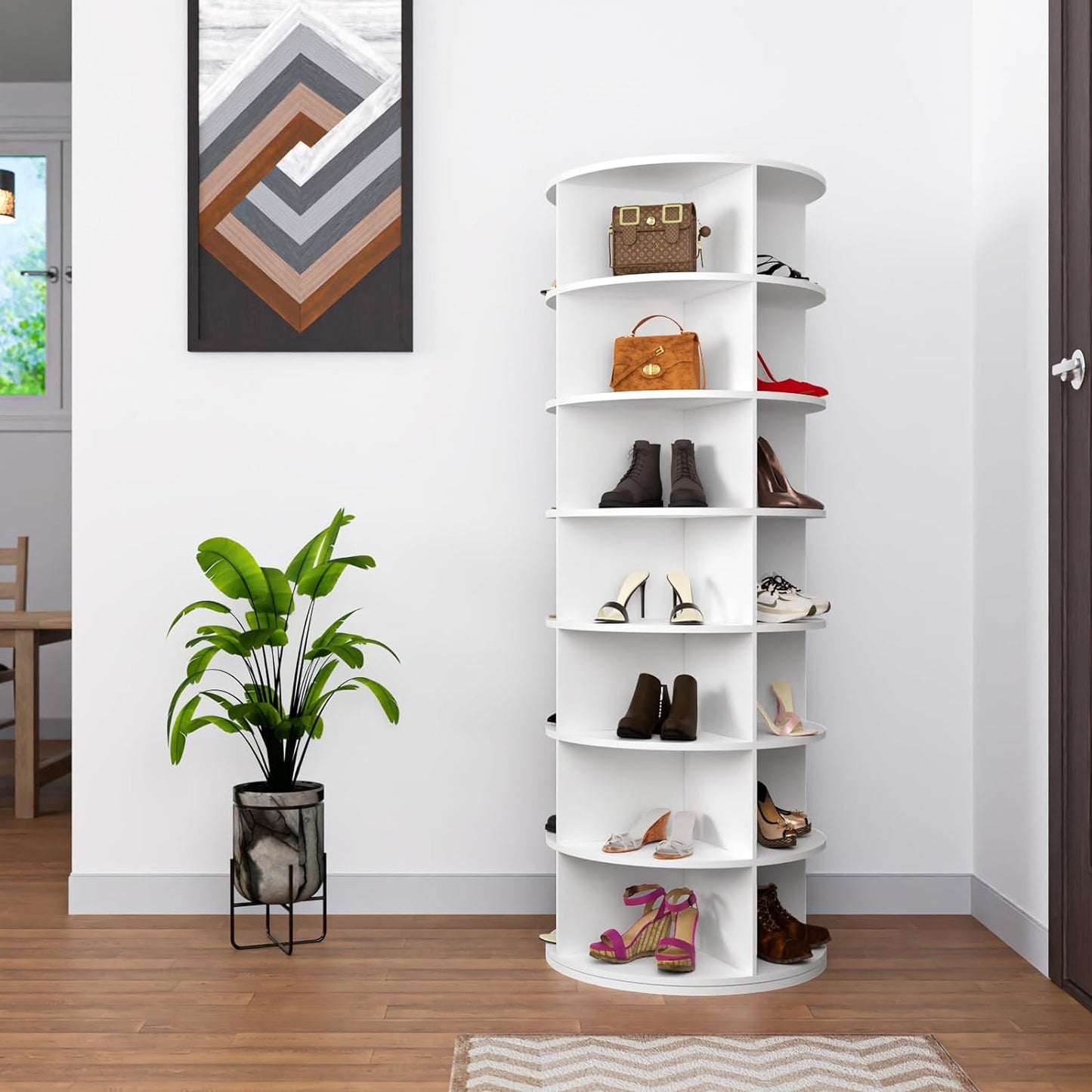 7 Tier Rotating Shoe Rack Tower, Spinning Shoe Display, 360 Shoe Rack Storage Round Carousel, Vertical Handbag Rotate Shoes Closet Organization (WHITE) image 1