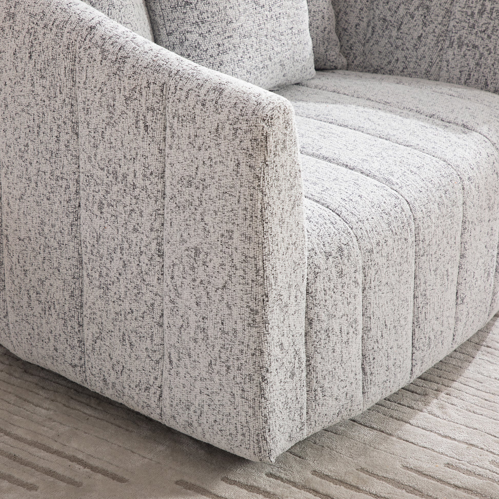 39"W Upholstered Oversized 360° Swivel Accent Barrel Chair and Half Cozy Sofa with 3 Pillows, Chenille Channel Tufted Pumpkin-Shape Club Armchair for Living Room, Bedroom, Office, Lounge,White-Black image 8