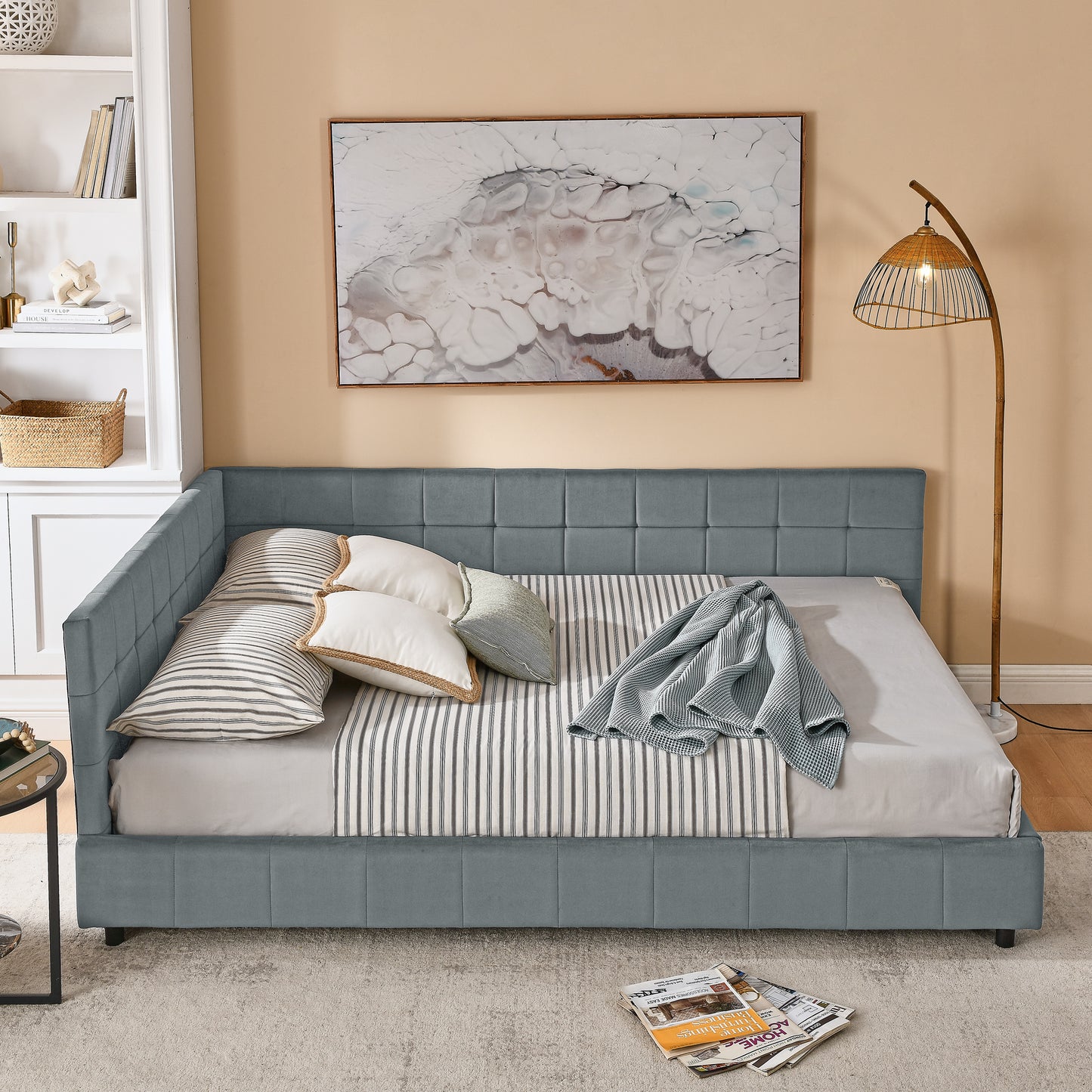 Queen Size Upholstered Tufted Bed Frame, Sofa Bed Frame with Comfortable Backrest and Armrests, Queen Size Bed for Bedroom, Living Room,Velvet, GREY(85.5''*64.5''*30.5'') image 4
