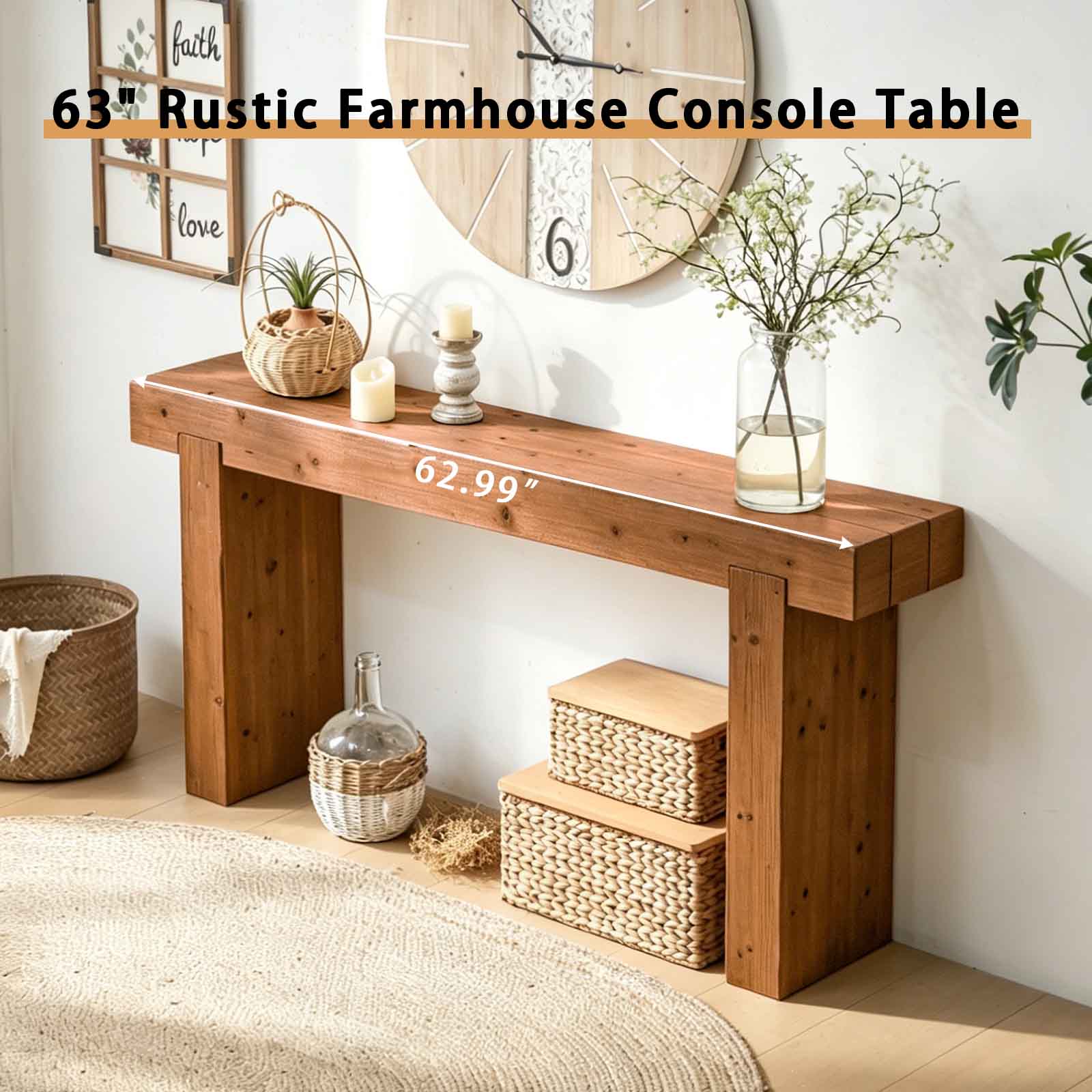 63" Solid Wood Console Table – Rustic Farmhouse Sofa Table for Entryway, Hallway, or Behind Couch, Narrow Rectangular Design image 6