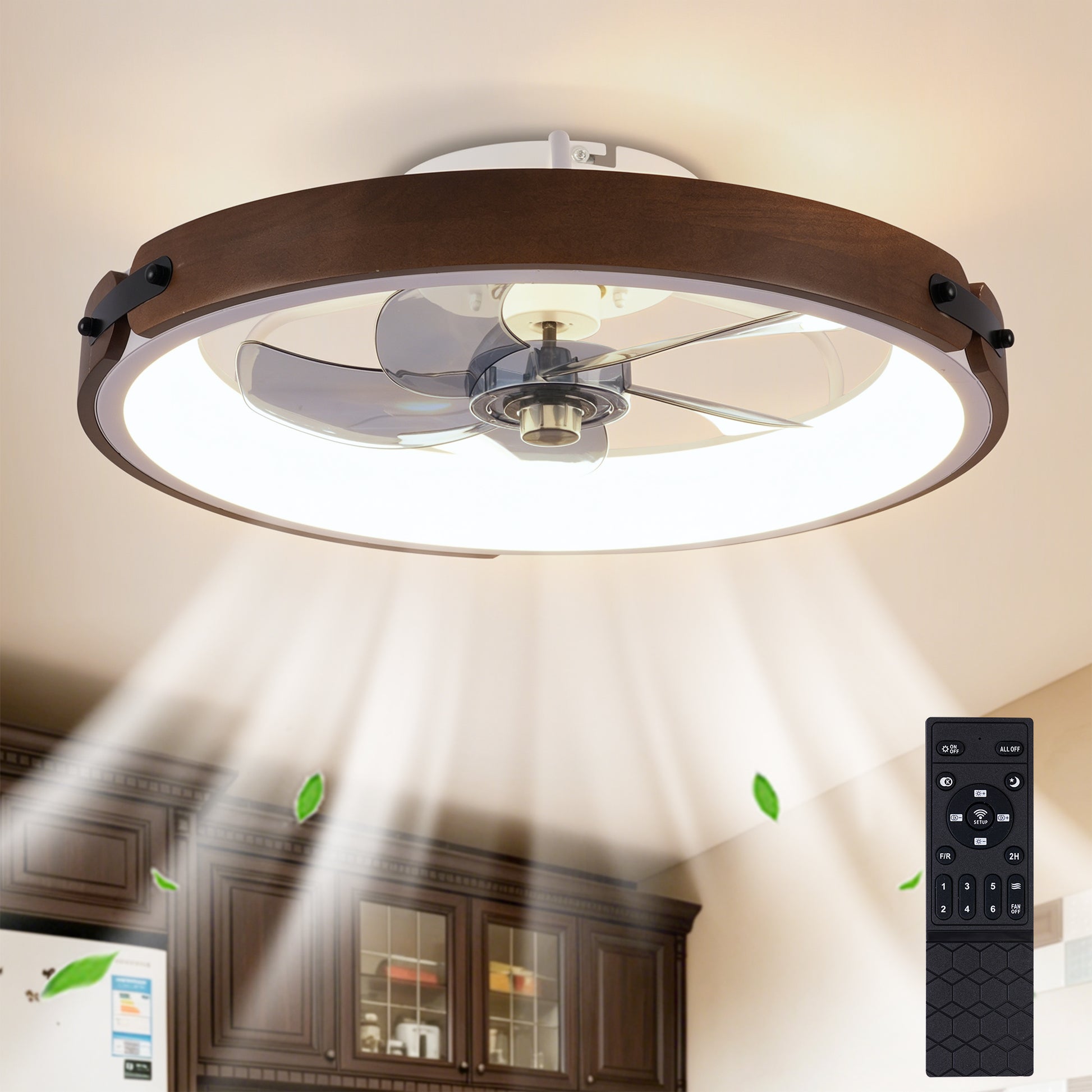 20" Ceiling Fans with Lights Kit (Led) and Remote Control, 3000-6500K Dimmable Modern Flush Mount LED Fan Light, 6 Speeds, Quiet DC Motor For Living room, Bedroom,Kitchen----Walnut+ Black image 2