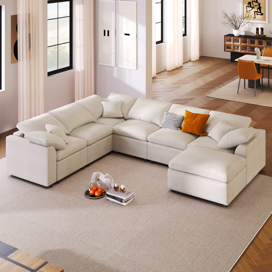 U_Style 120.8" Extra Large 7-Seater Modular Sectional Sofa with L-Shape Design & Movable Ottoman, Plush Chenille Fabric + Solid Pine Wood Frame for Living Room, Office, Spacious Space image 1