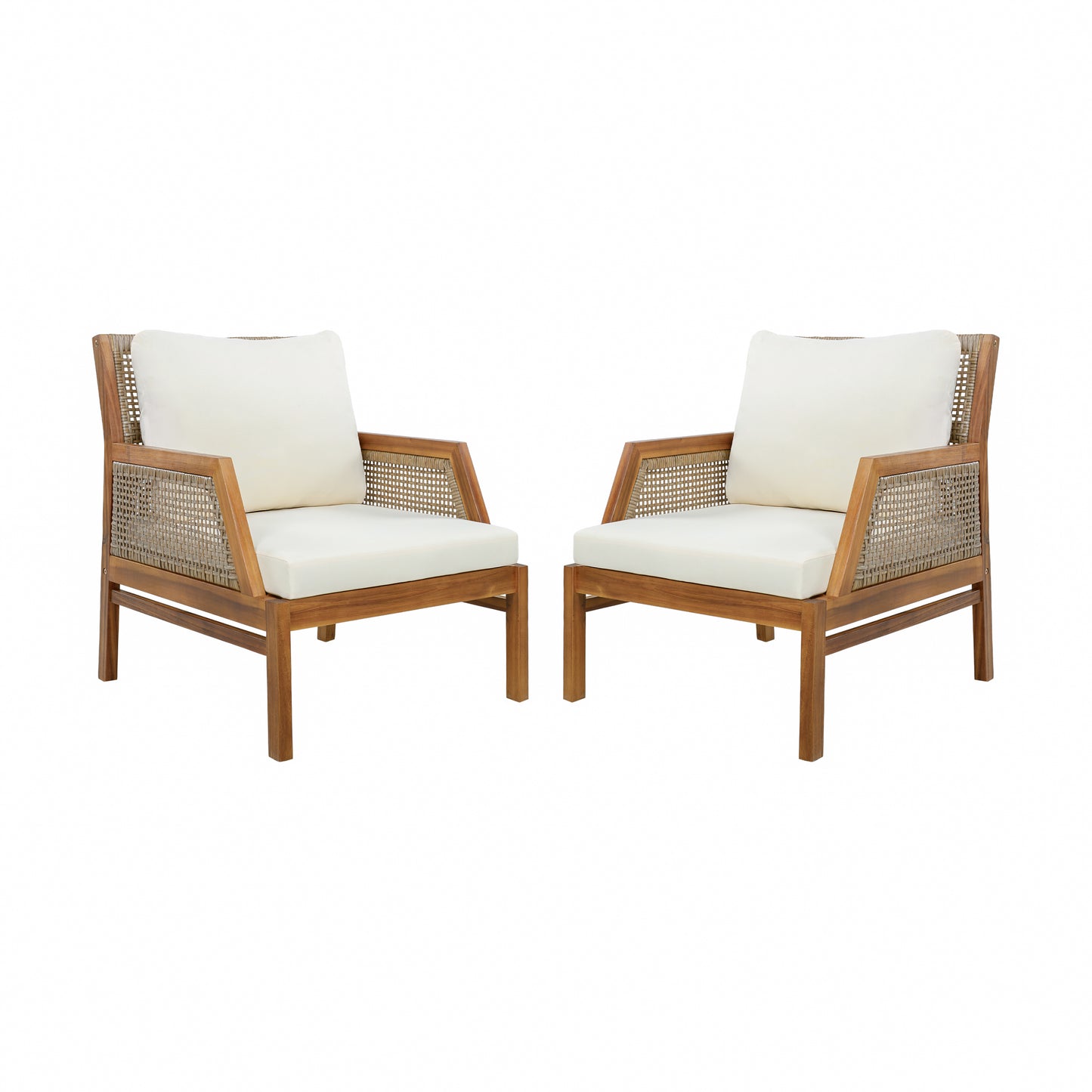 2 Piece Acacia Wood Patio Furniture Club Chair, Set of 2 Outdoor Wicker Armchair, Deep Seating with Soft Cushions for Porch, Garden, Backyard, Balcony, Teak & Mix Brown & Cream image 2