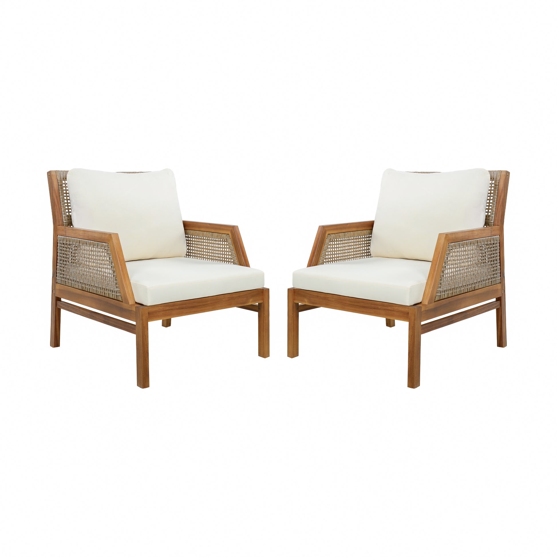2 Piece Acacia Wood Patio Furniture Club Chair, Set of 2 Outdoor Wicker Armchair, Deep Seating with Soft Cushions for Porch, Garden, Backyard, Balcony, Teak & Mix Brown & Cream image 2