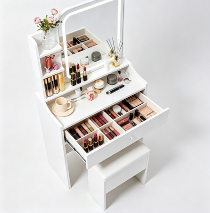 White vanity set includes smart LED mirror, women's bedroom makeup table with storage; suitable for bedrooms, living rooms, dormitories, etc. image 8
