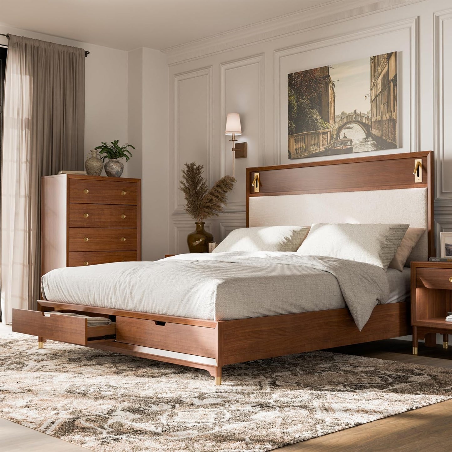 Mid-Century Modern 1pc Eastern King Size Bed w Storage Drawers Walnut Solid wood Upholstered HB Reading Light Bedroom Furniture image 3
