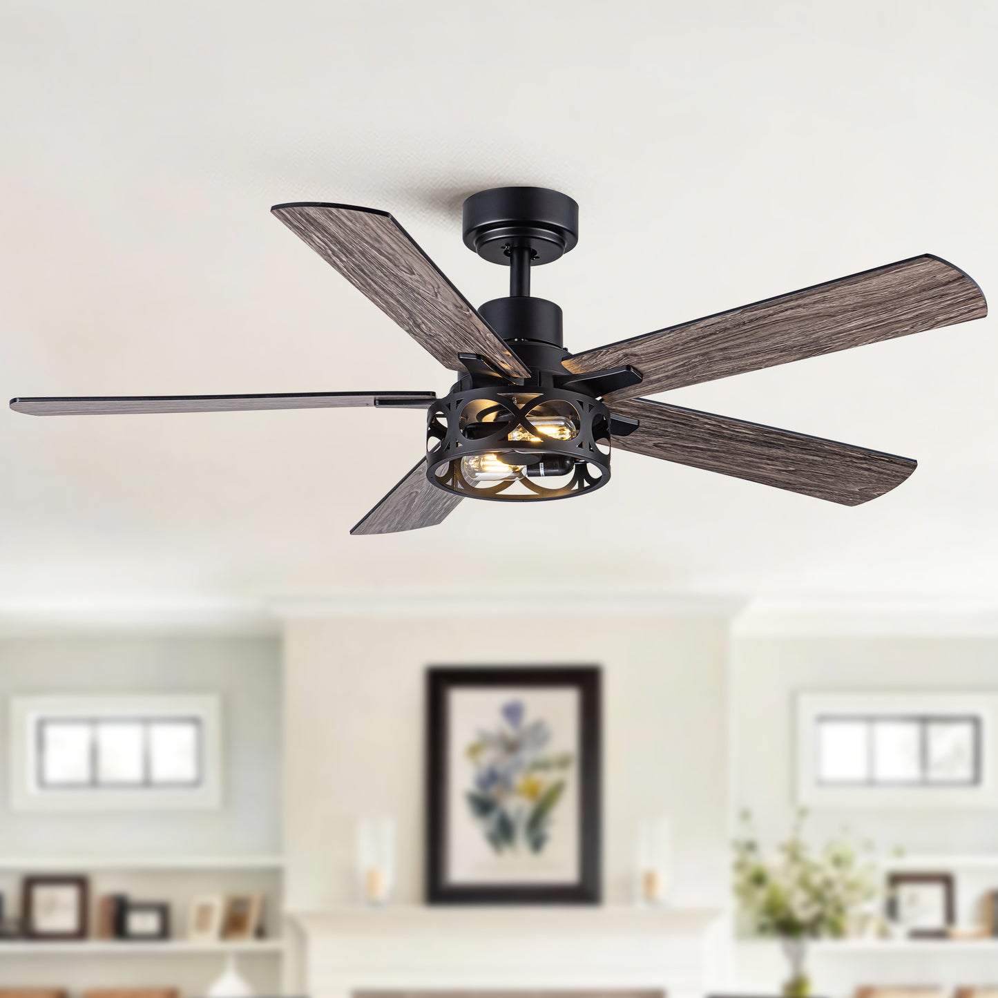 52" Modern Farmhouse Industrial Ceiling Fan with Light, Dual‑Sided Matte Black & Wood Grain Blades, Reversible DC Motor, 6‑Speed Timer Remote, Metal Cage, E12 Compatible, Bulbs Not Included image 3