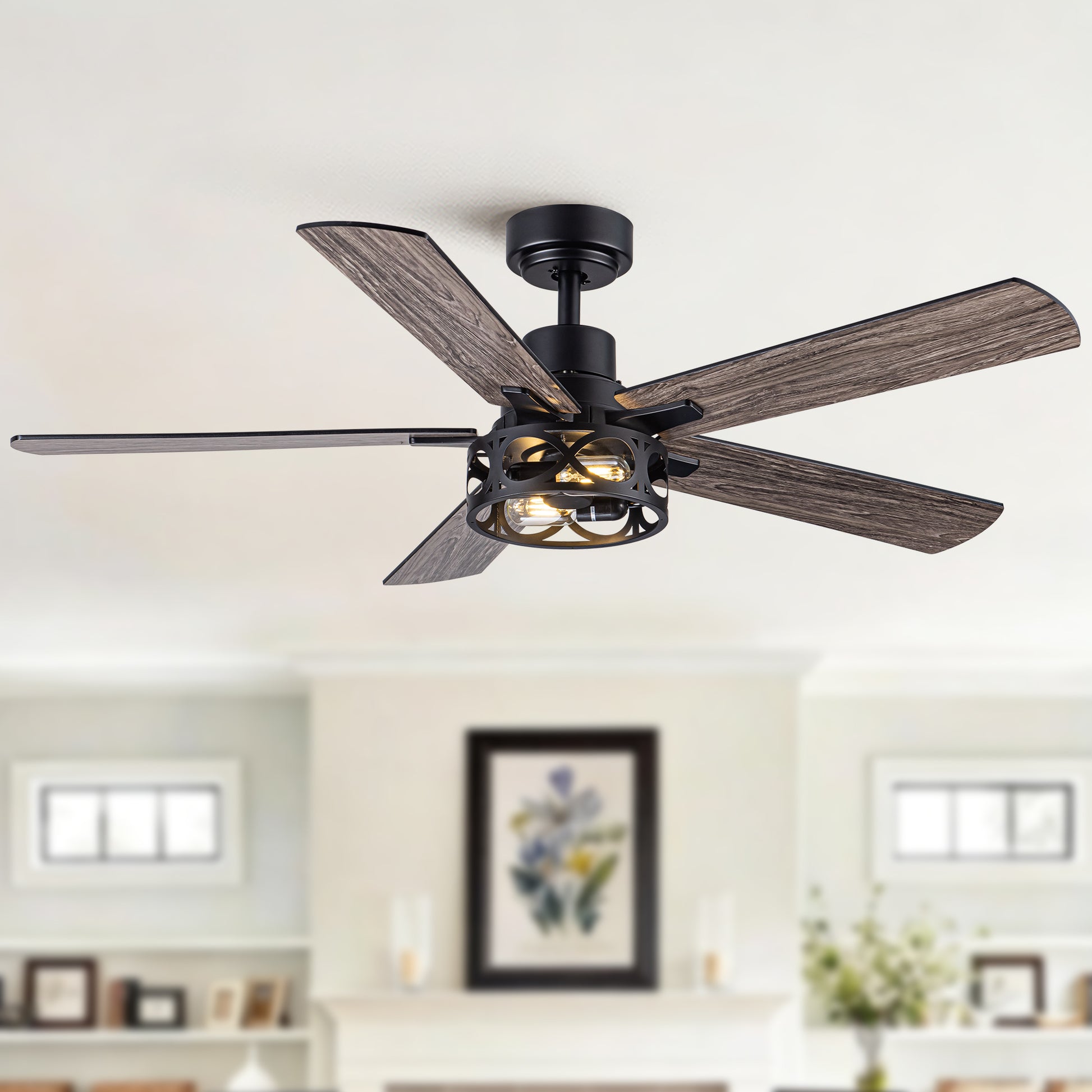 52" Modern Farmhouse Industrial Ceiling Fan with Light, Dual‑Sided Matte Black & Wood Grain Blades, Reversible DC Motor, 6‑Speed Timer Remote, Metal Cage, E12 Compatible, Bulbs Not Included image 3