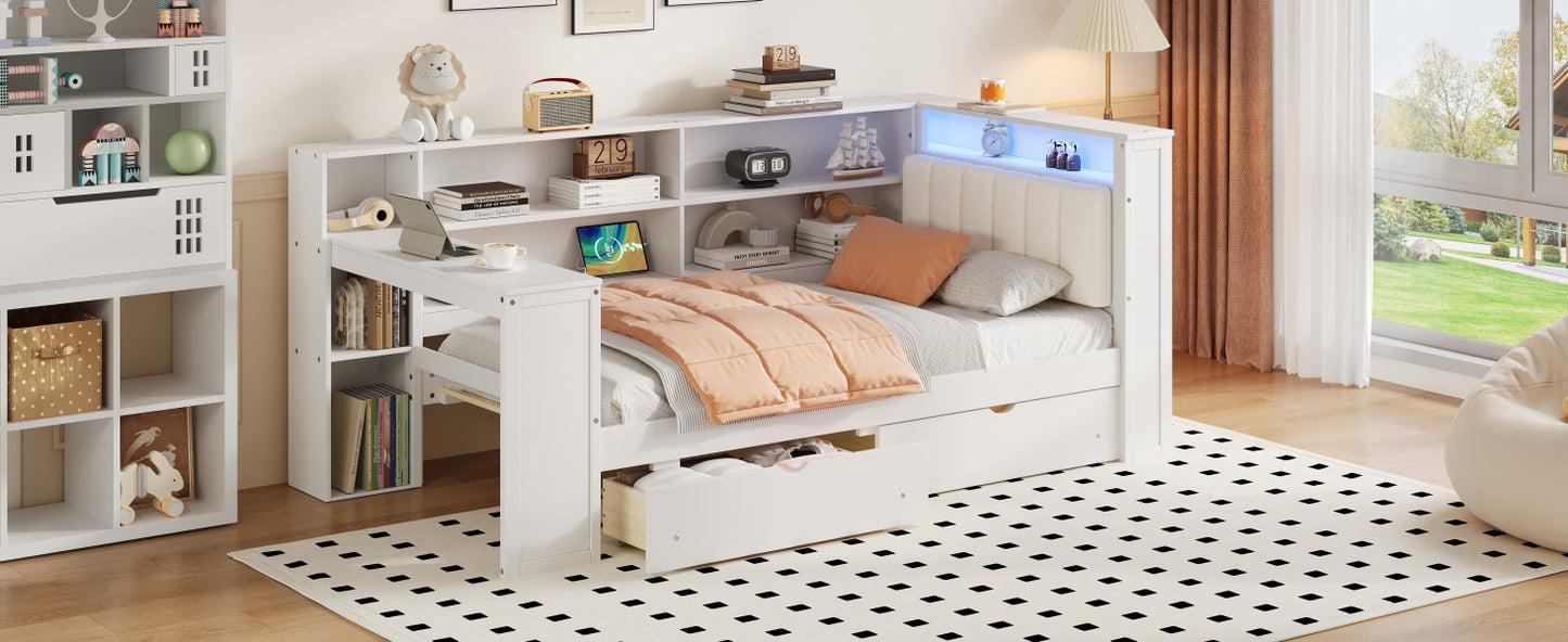 Wood Twin Size Platform Bed with Storage Shelves, Drawers, Charging Station, LED, Desk and Upholstered Headboard, White+Beige Cushion image 8