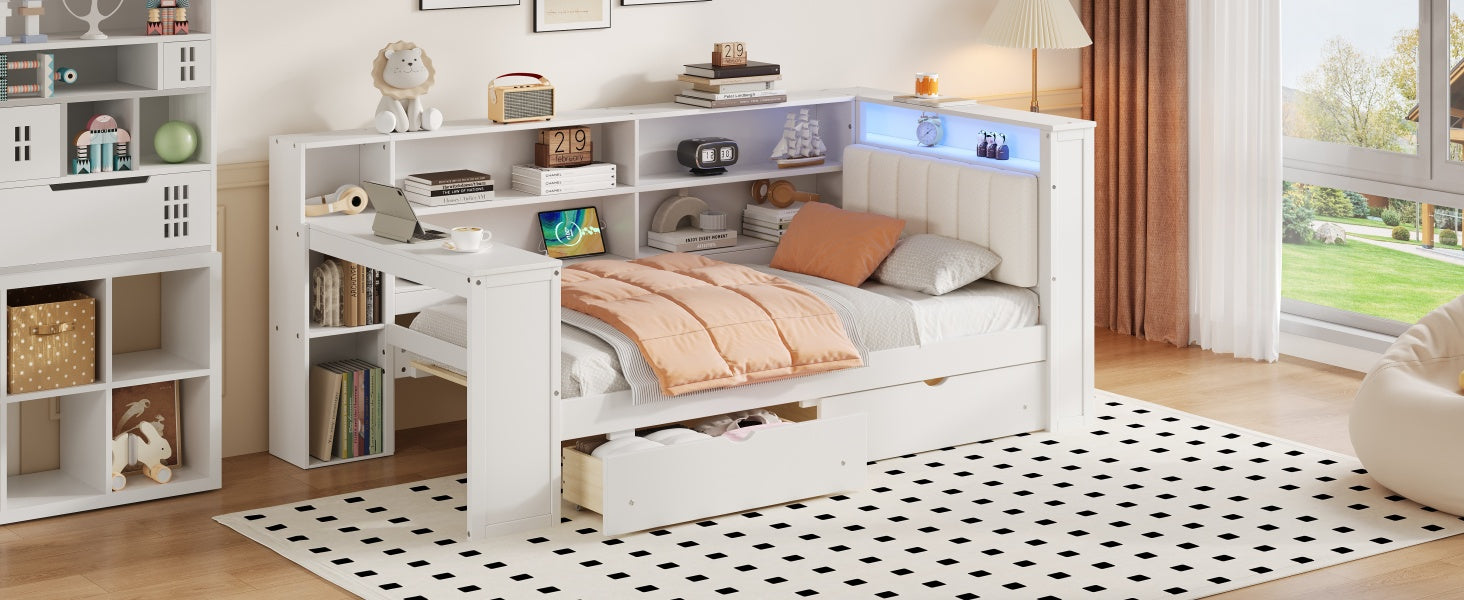 Wood Twin Size Platform Bed with Storage Shelves, Drawers, Charging Station, LED, Desk and Upholstered Headboard, White+Beige Cushion image 8
