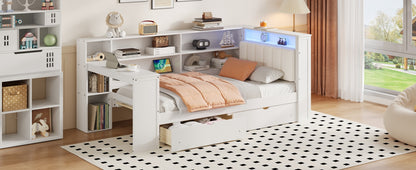 Wood Twin Size Platform Bed with Storage Shelves, Drawers, Charging Station, LED, Desk and Upholstered Headboard, White+Beige Cushion image 8