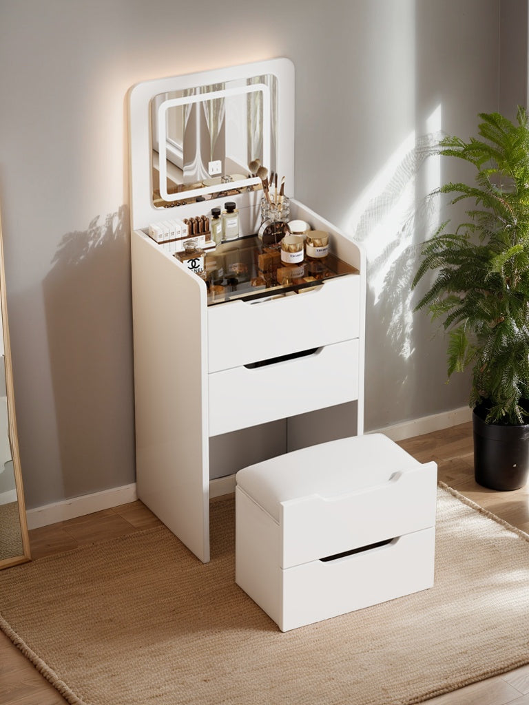 (48CM) 3 in 1 Vanity Desk with Plip Top Mirror, Small Make Up Vanity Set with Visible Glass Desktop, Compact Makeup Vanity with 3 Drawers, Dressing Table for Bedroom (WHITE COLOR) image 3