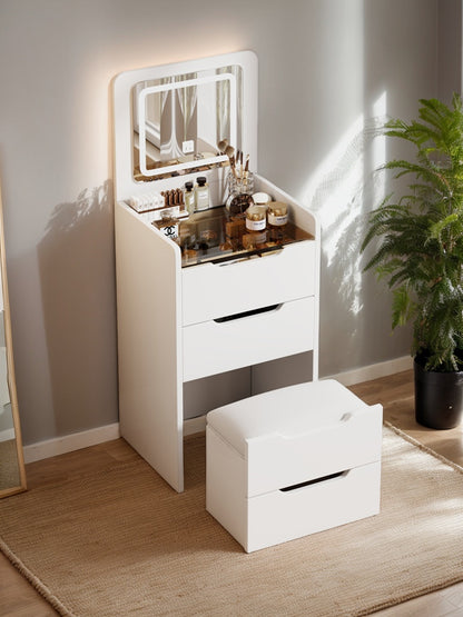 (48CM) 3 in 1 Vanity Desk with Plip Top Mirror, Small Make Up Vanity Set with Visible Glass Desktop, Compact Makeup Vanity with 3 Drawers, Dressing Table for Bedroom (WHITE COLOR) image 3