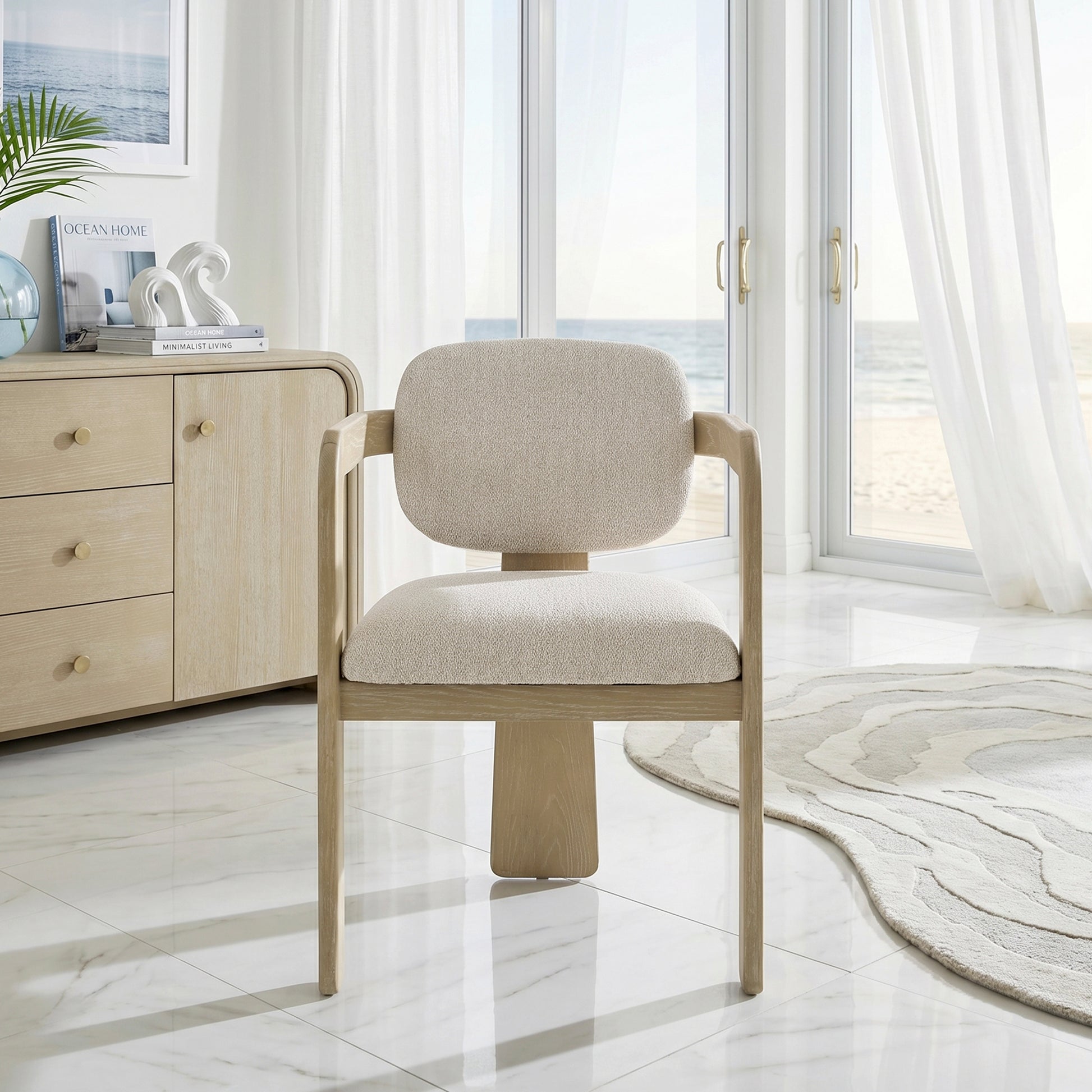 Modern Oak Finish Arm Chairs Set of 2 Beige Fabric Upholstery Curved Backrest Solid Rubberwood Dining Room Furniture image 10
