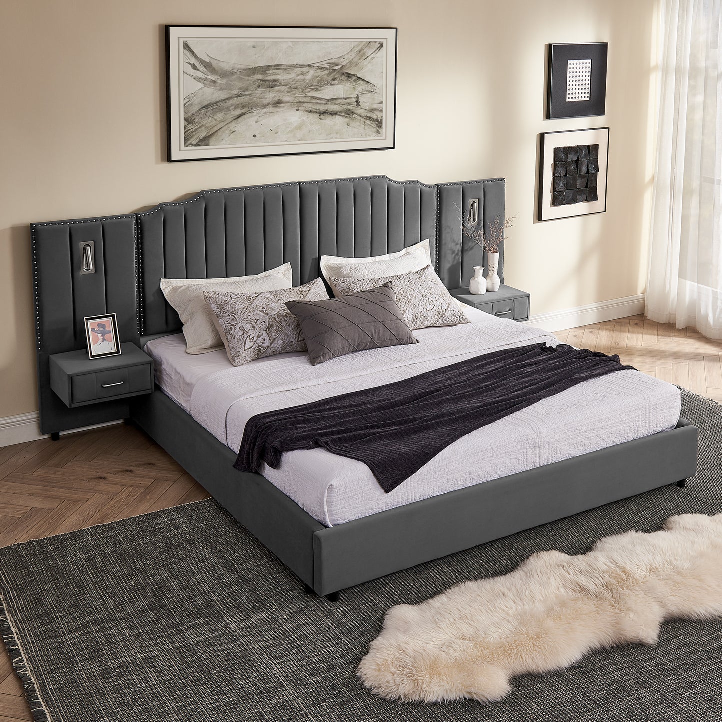 King Size Upholstered Bed Frame with Velvet Fabric, Vertical Stripe Design with Buttons Around King Size Platform Bed with Headboard, Solid Frame & Bedside Table - No Box Spring Needed-Gray image 6