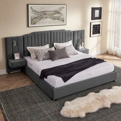 King Size Upholstered Bed Frame with Velvet Fabric, Vertical Stripe Design with Buttons Around King Size Platform Bed with Headboard, Solid Frame & Bedside Table - No Box Spring Needed-Gray image 6