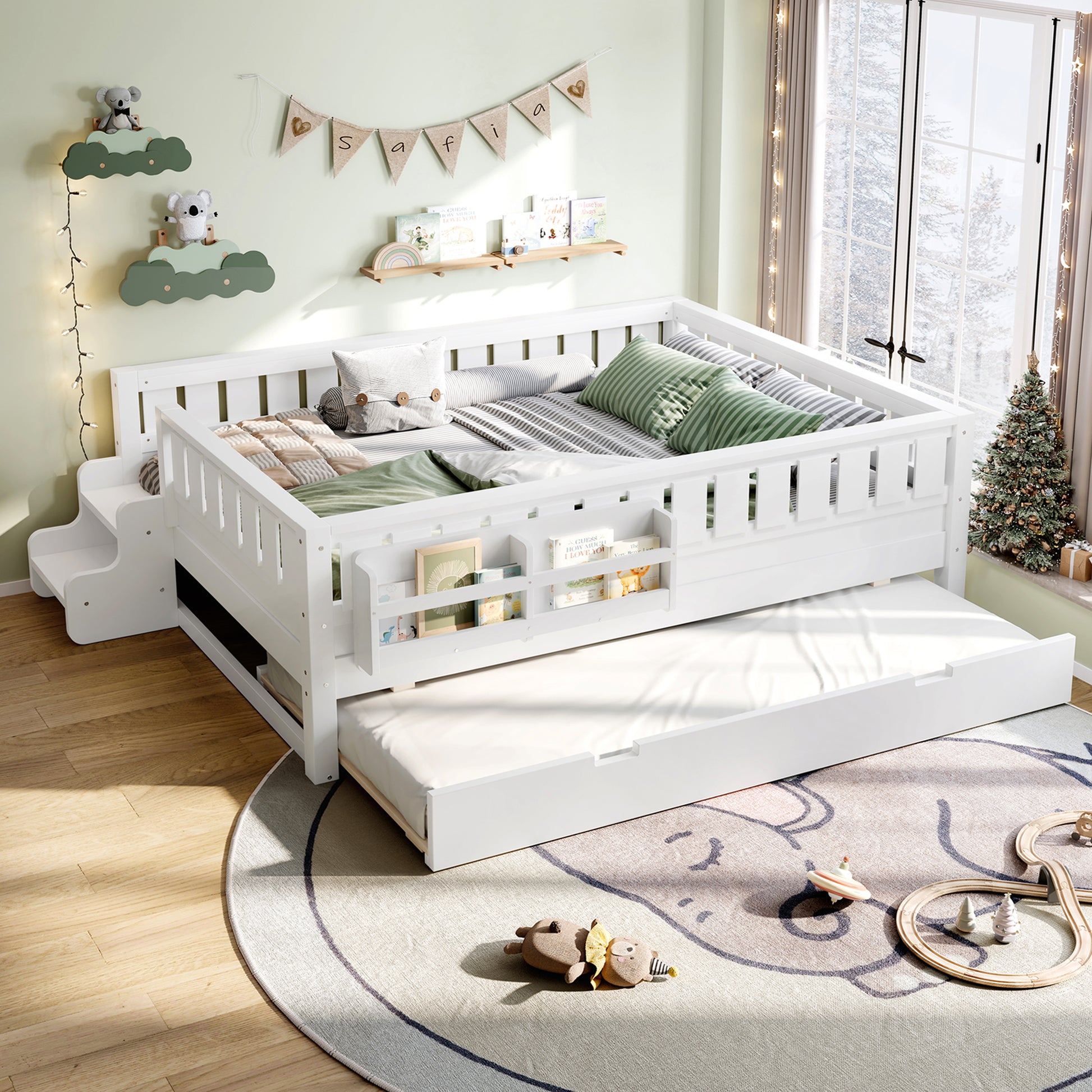 Full with built-in bookshelves and small staircase, high-quality safety rails, and Trundle,White image 1