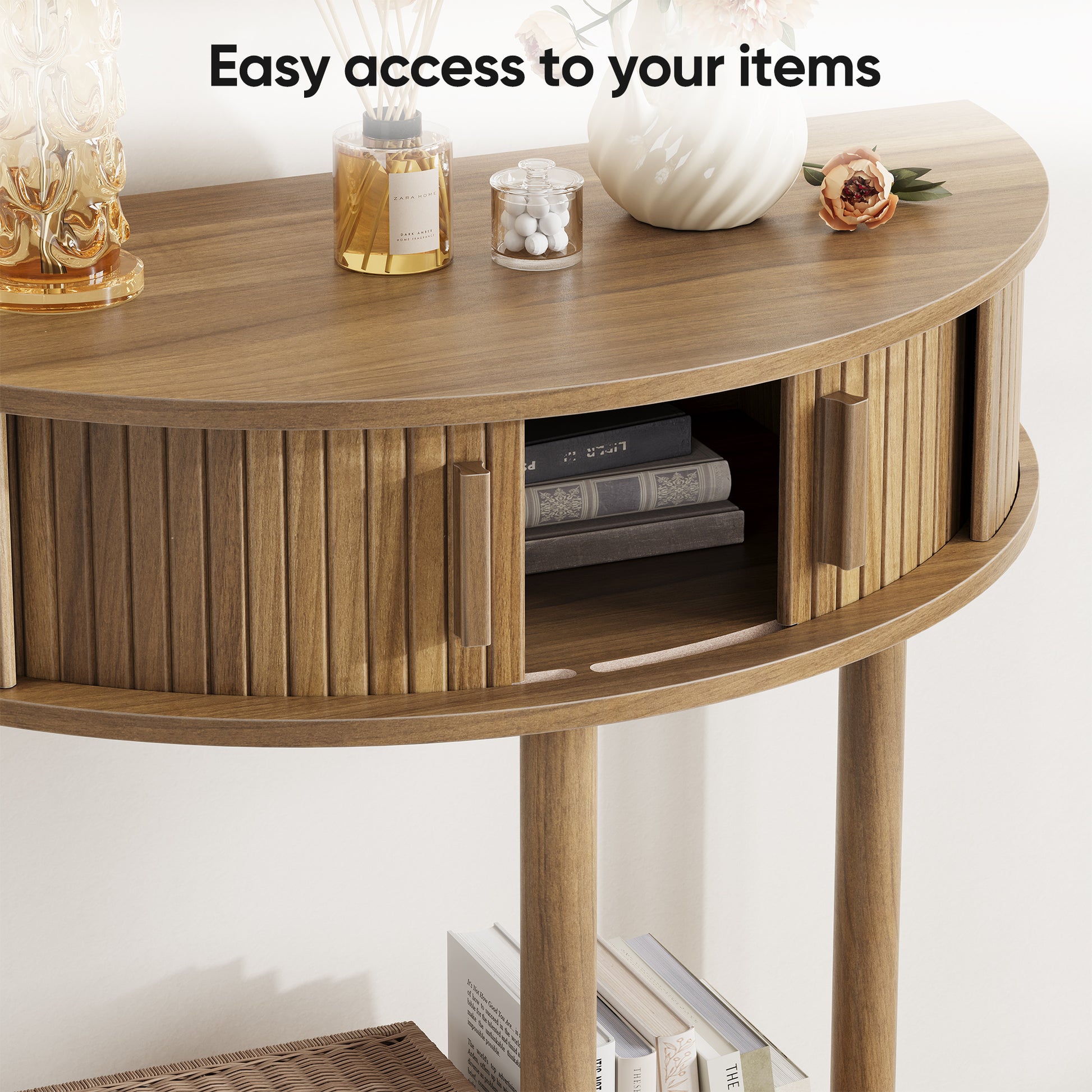 31.5-Inch Grooved Half-Moon Console Table, Farmhouse Sofa Table Behind Couch, Modern Entryway Table, Decorative Table for Living Room, Hallway, Entryway or Foyer Narrow Entry, Walnut image 10