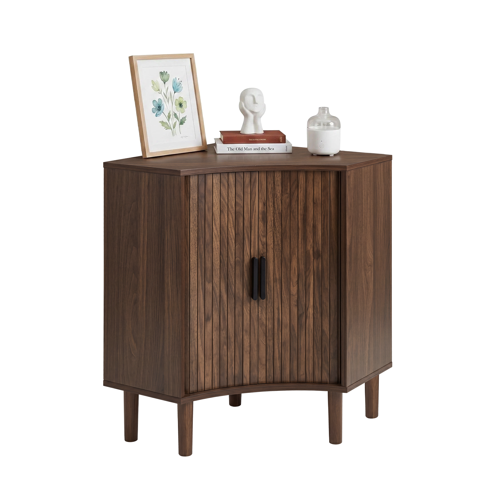 Fluted Corner Cabinet, Small Corner Floor Cabinet with Sliding Doors and Adjustable Shelves, Modern Wooden Freestanding Narrow Storage Cabinet for Small Space,Living Room,Dining Room,Bathroom, Walnut image 9