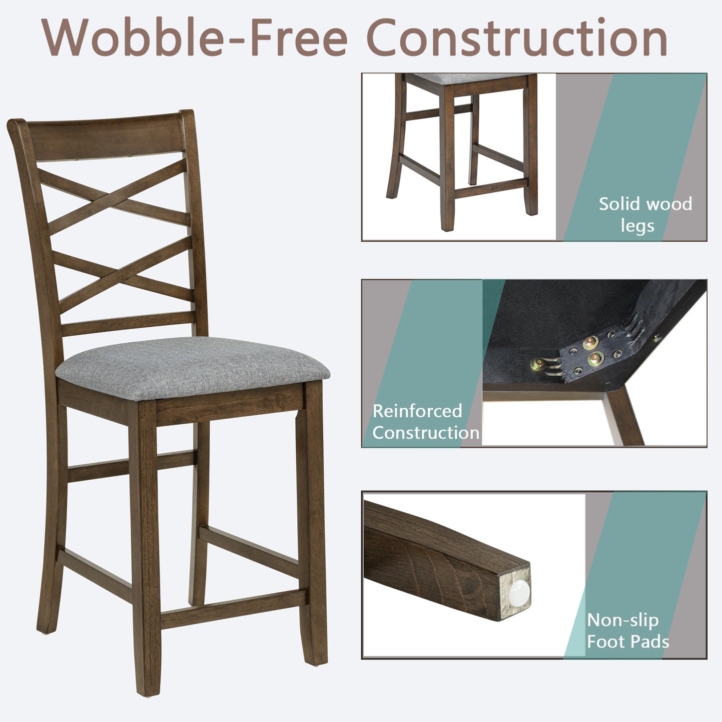 Dining Chairs Only, Wooden Counter Height Chairs Set of 4, Kitchen Chair with Padded Seat, Upholstered Counter Height Chair for Dining Room, Walnut image 6