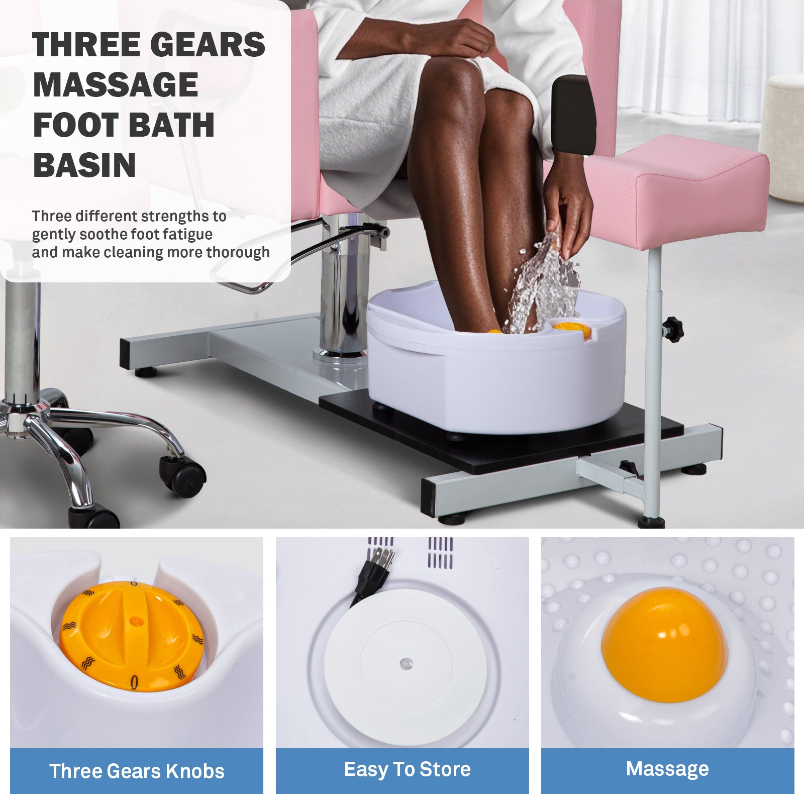 Pedicure Chair No Plumbing,Reclining Pedicure Station Unit with Adjustable Height and 360 Swivel,Hydraulic Foot Spa Chiar with Footrest and Massage Foot Bath, Pink image 6