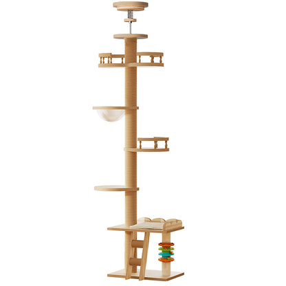 Adjustable Height Floor-to-Ceiling Cat Tree Made of MDF Board, Tall Cat Tower with Sisal Scratching Post, Bubble Window Perch, Ladder & Rotatable Toy Balls for Indoor Cats image 1
