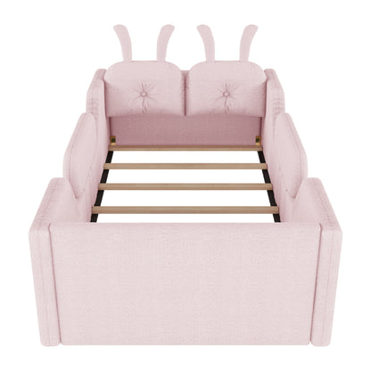 Twin Size Upholstered Platform Bed with Rabbit Cushion, Kids Floor Upholstered Bed with Removable Side Rails, Pink(Old SKUW2593P395807 Expect Arrival Date 2026/7/14) image 11