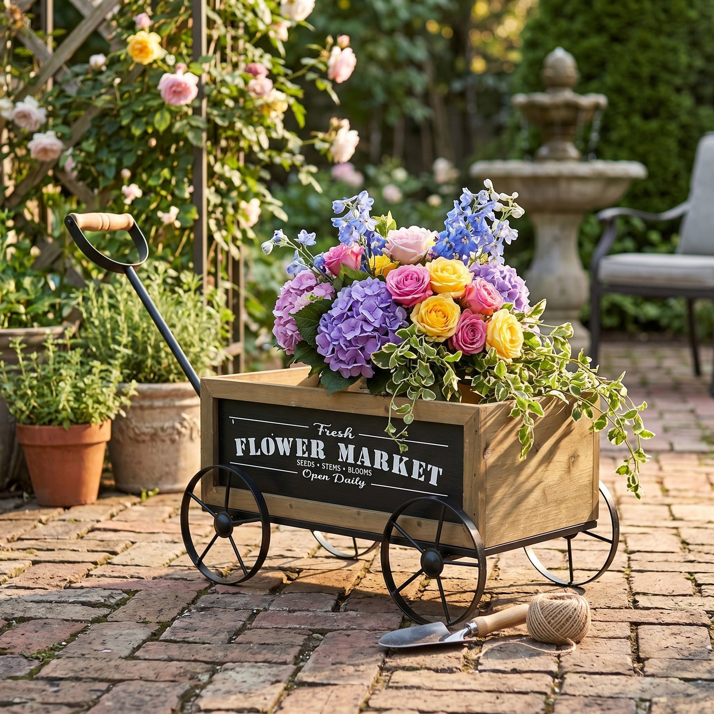 16.5x9.5x8" Rustic Wooden Wagon Planter with Black Iron Wheels and Handle image 1