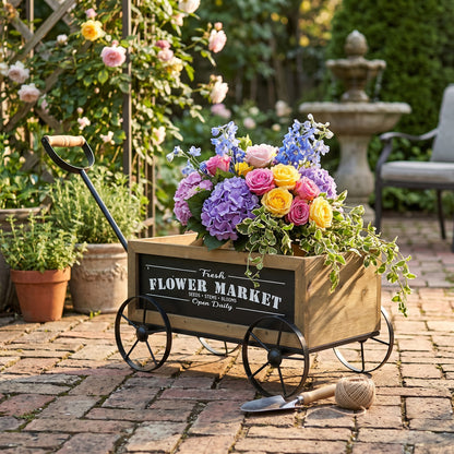 16.5x9.5x8" Rustic Wooden Wagon Planter with Black Iron Wheels and Handle image 1